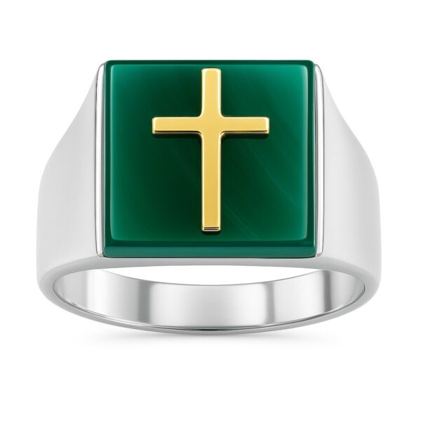 Sygnet Ag 925 z naturalnym zielonym agatem i złotym krzyżem Au próba 585 S2