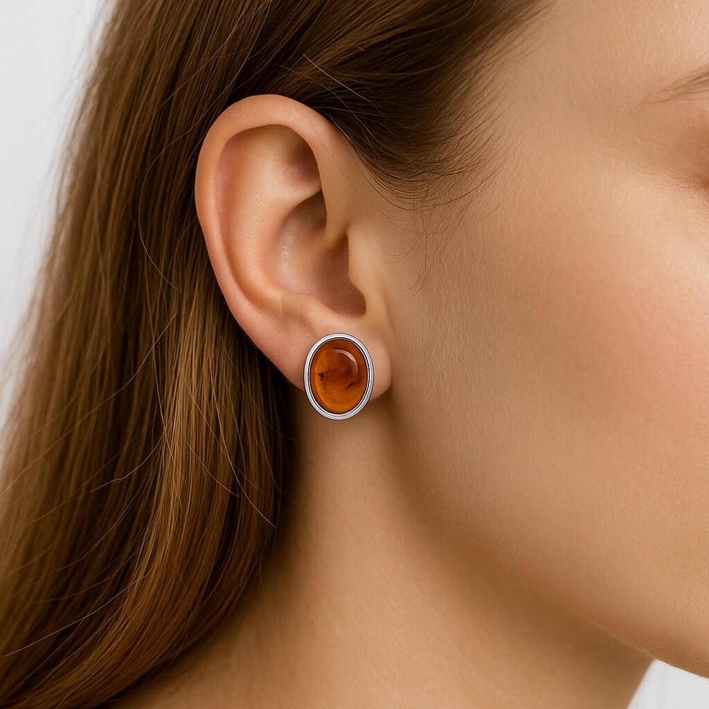 Kolczyki srebrne z naturalnym owalnym bursztynem próba 925 KB01 - obrazek 3