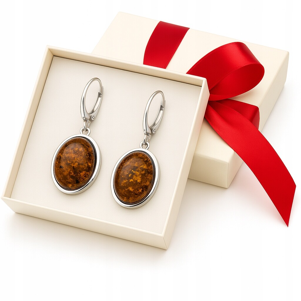 Kolczyki srebrne z naturalnym owalnym bursztynem próba 925 wiszące KB03 - obrazek 2