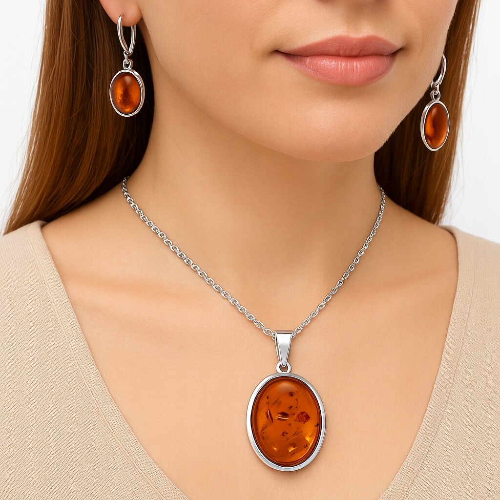 Kolczyki srebrne z naturalnym owalnym bursztynem próba 925 wiszące KB02 - obrazek 2