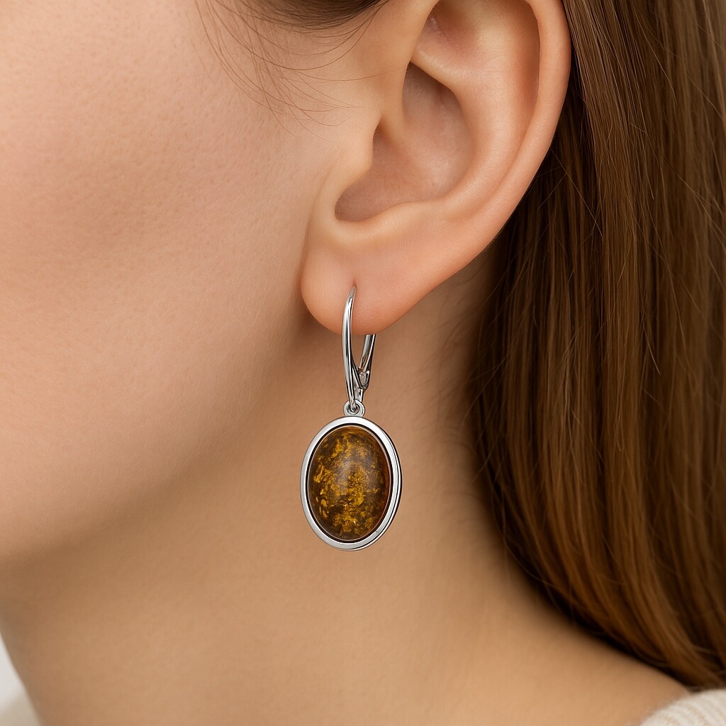 Kolczyki srebrne z naturalnym owalnym bursztynem próba 925 wiszące KB03 - obrazek 3