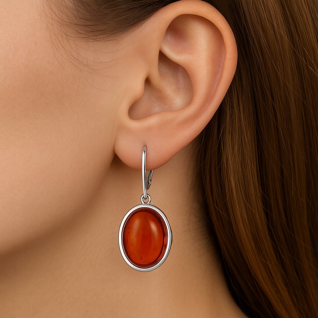 Kolczyki srebrne z naturalnym owalnym bursztynem próba 925 wiszące KB02 - obrazek 5
