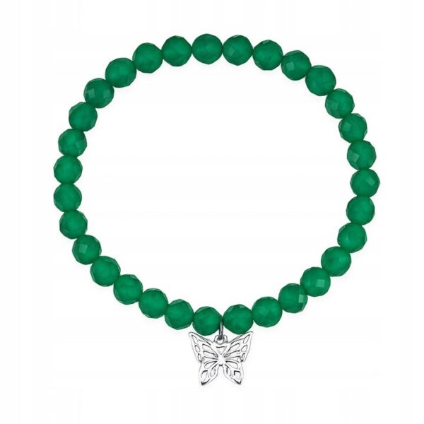 Bransoletka z zielonego agatu kulki 4 mm na gumce srebrny motylek 925 B22