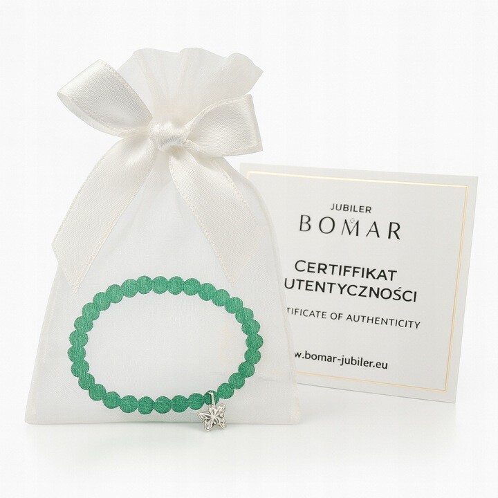 Bransoletka z zielonego agatu kulki 4 mm na gumce srebrny motylek 925 B22 - obrazek 2