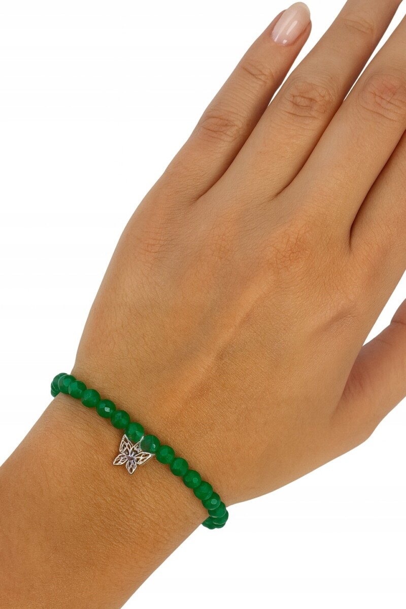 Bransoletka z zielonego agatu kulki 4 mm na gumce srebrny motylek 925 B22 - obrazek 3